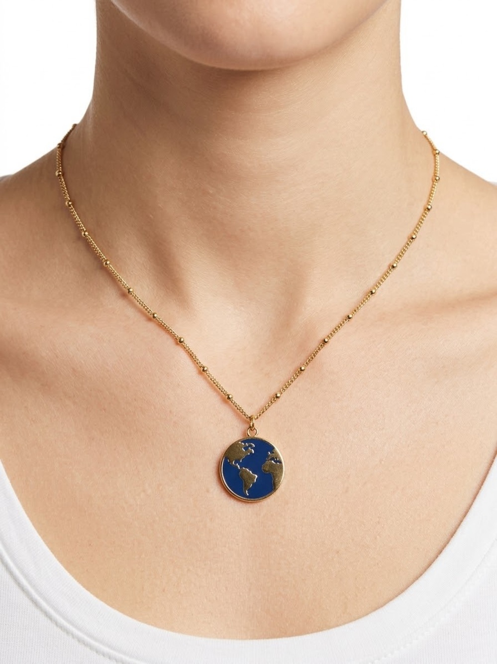 Gold Globe Pendant Necklace with Blue Enamel Accent